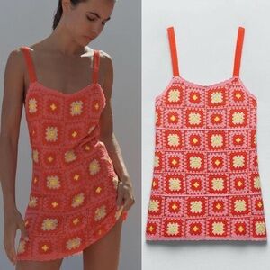 Zara Womens Bloggers Fave Orange Pink Crochet Knit Mini Dress Size Small